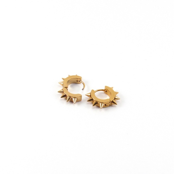 Gold Spike Huggie Hoop Earrings Small Edgy Punk - Picture 4 of 4
